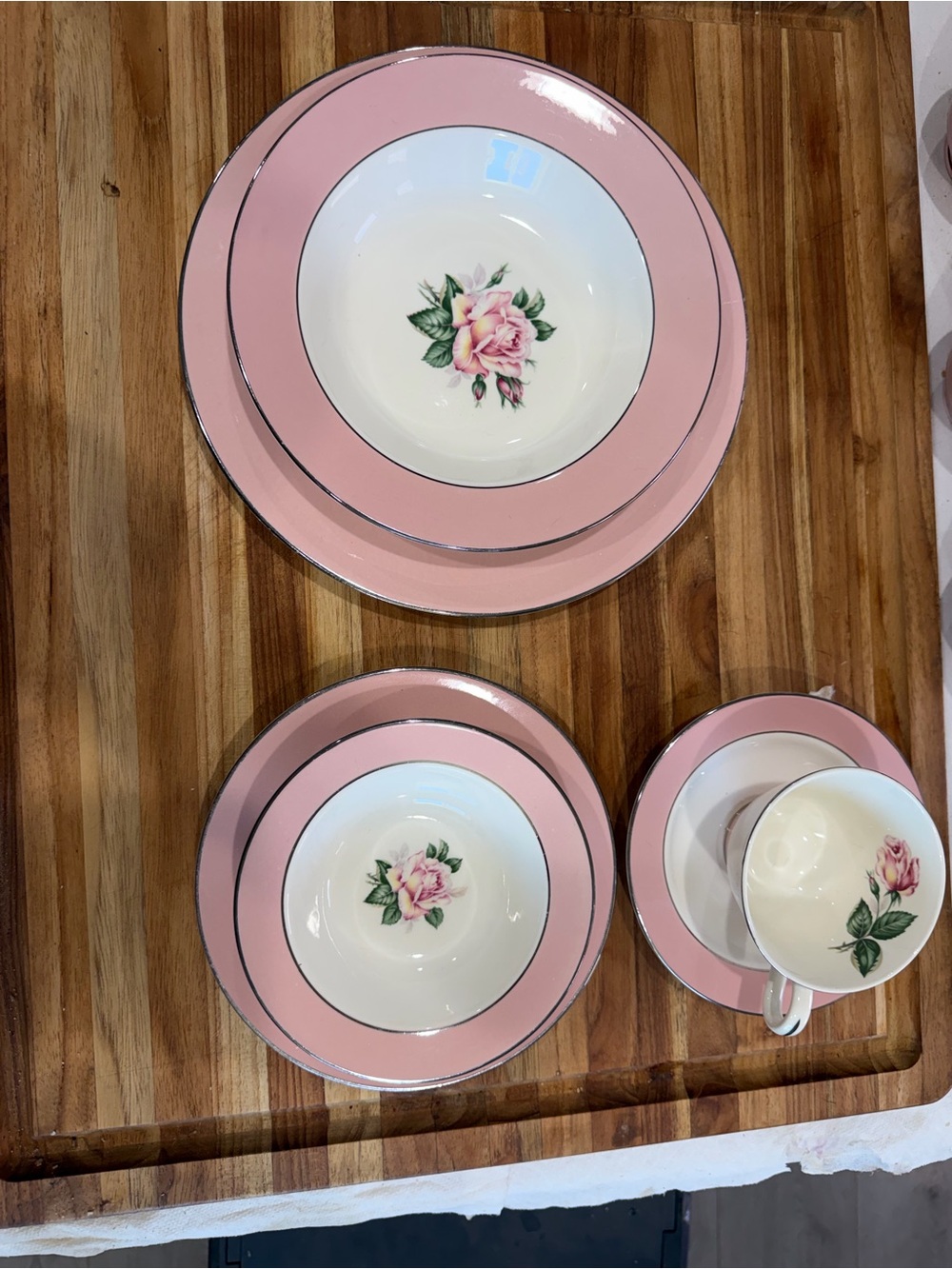 Pink Rose Porcelain Dinnerware Set with Silver Accent set of four.